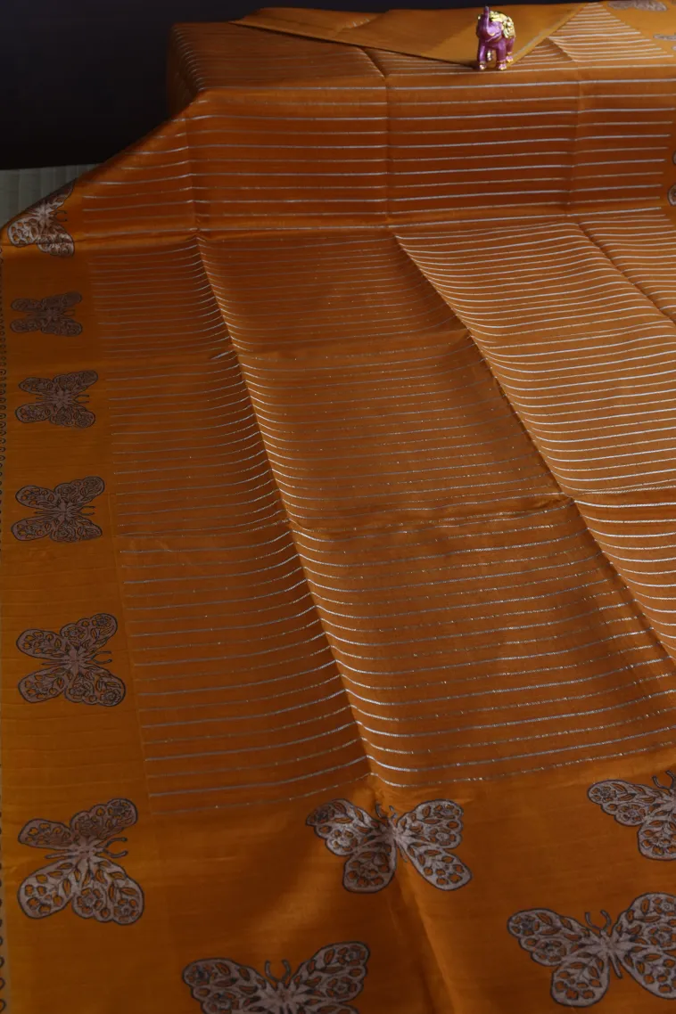 Ginger Orange Tussar Saree with Gold And Silver Zari Stripes view 2