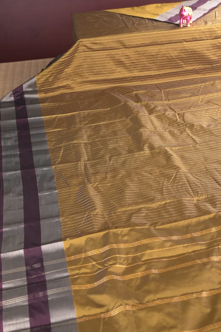 Gold Arani Silk Sarees with Silver Zari Stripes view 2
