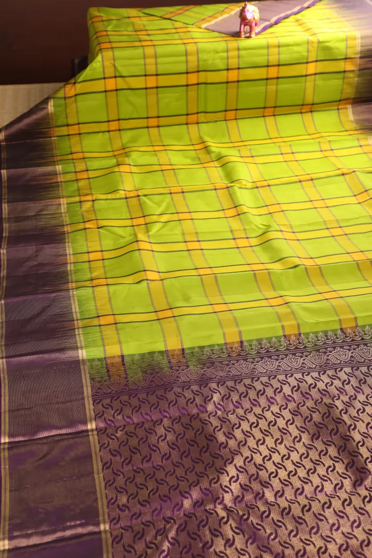 Lime Green Soft Silk Saree with Gold Zari Checks view 2