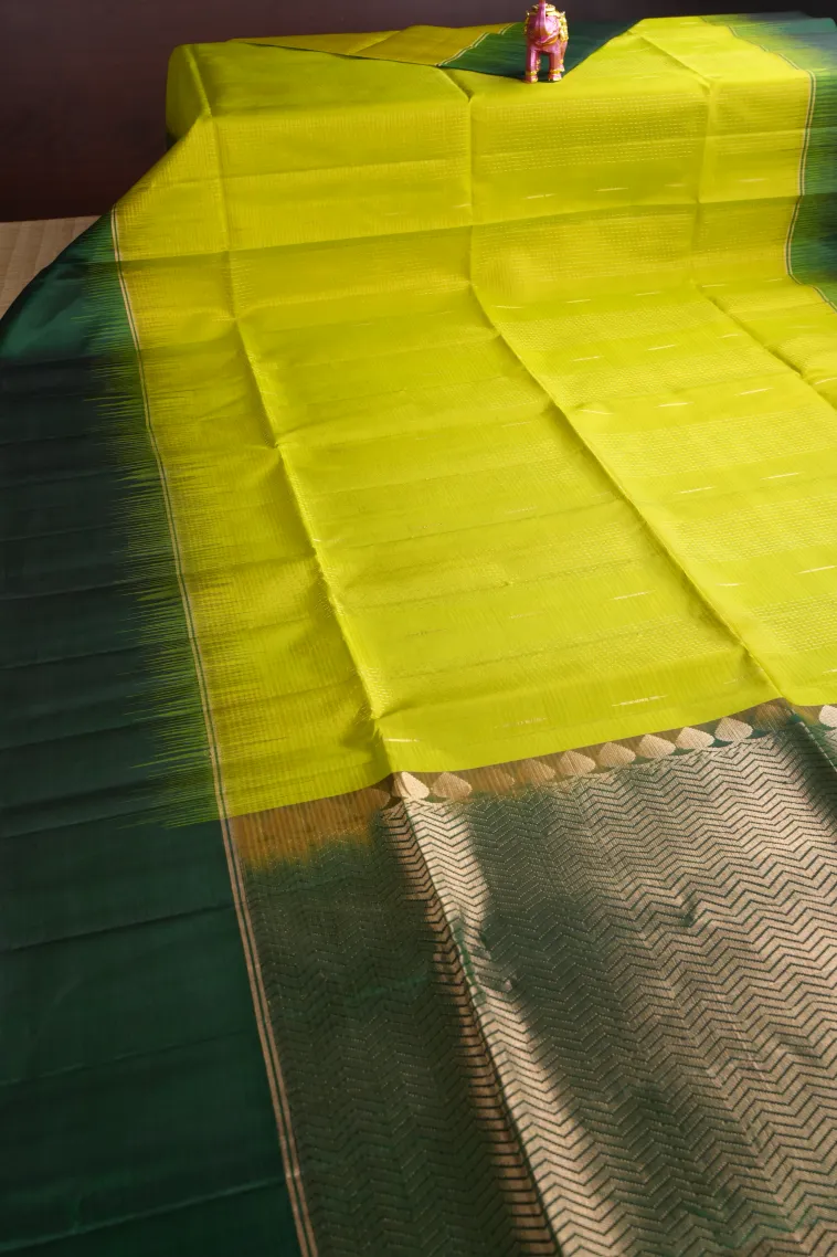 Lime Green Soft Silk Saree with Gold Zari Stripes view 2