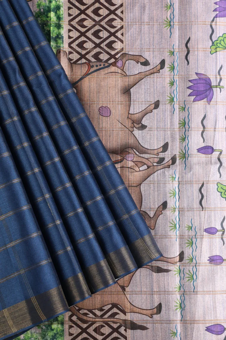 Aegean Blue Tussar Saree with Gold And Silver Zari Checks