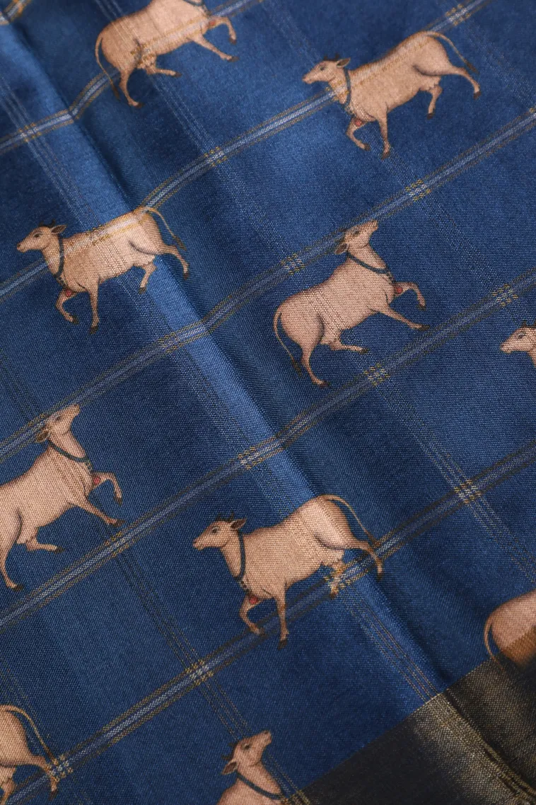 Aegean Blue Tussar Saree with Gold And Silver Zari Checks view 3
