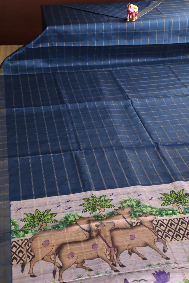 Aegean Blue Tussar Saree with Gold And Silver Zari Checks view 2
