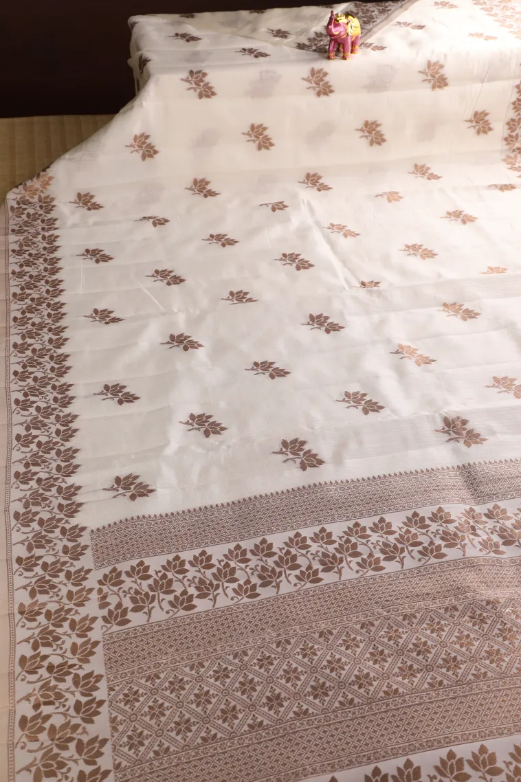Cotton White Raw Silk Sarees with Copper Zari Flower Mottif view 2