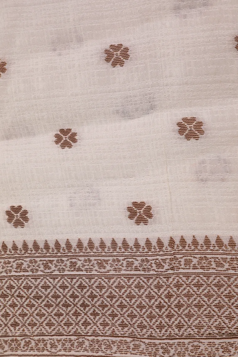 Cotton White Raw Silk Sarees with Copper Zari Flower Mottif view 3