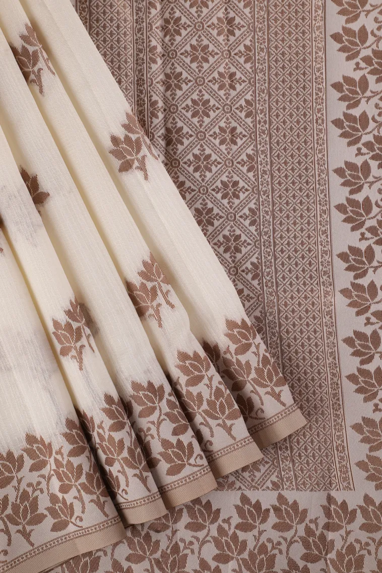 Cotton White Raw Silk Sarees with Copper Zari Flower Mottif