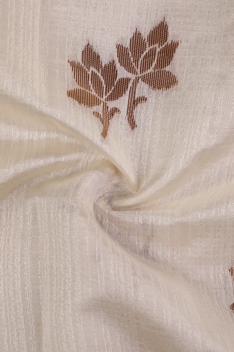 Cotton White Raw Silk Sarees with Copper Zari Flower Mottif view 4