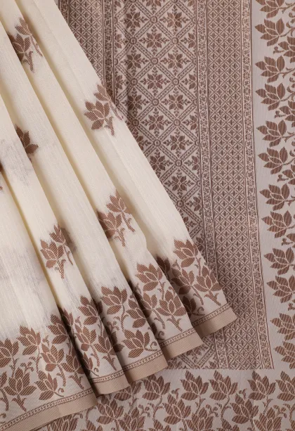 Cotton White Raw Silk Sarees with Copper Zari Flower Mottif