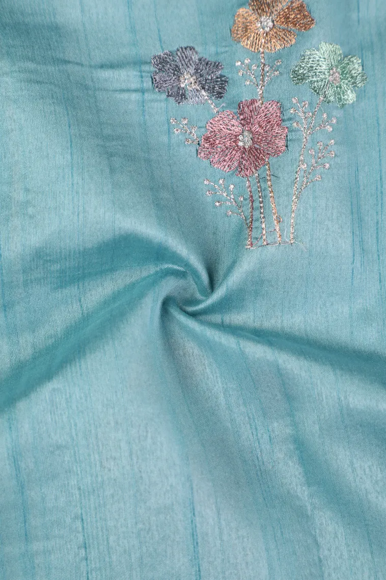 Sky Blue Raw Silk Sarees with Thread Zari Flower Mottif view 4