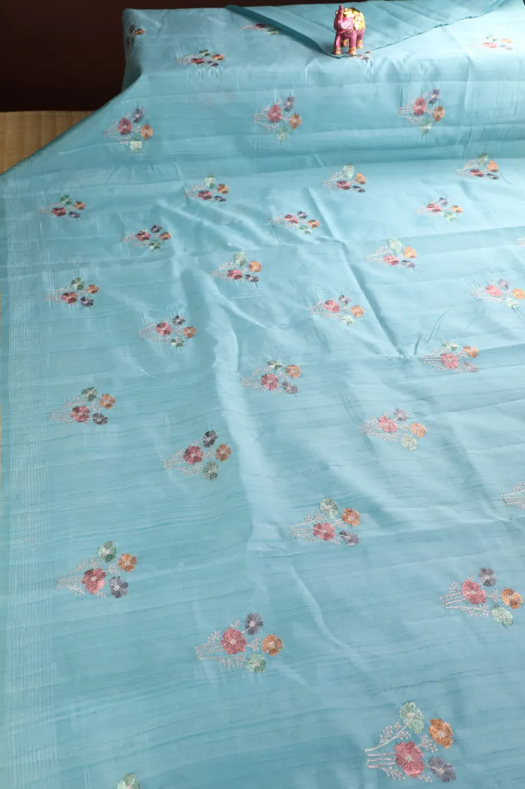 Sky Blue Raw Silk Sarees with Thread Zari Flower Mottif view 2