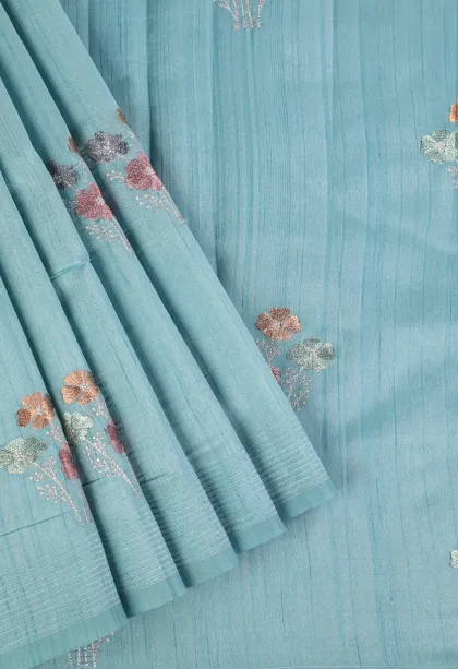 Sky Blue Raw Silk Sarees with Thread Zari Flower Mottif