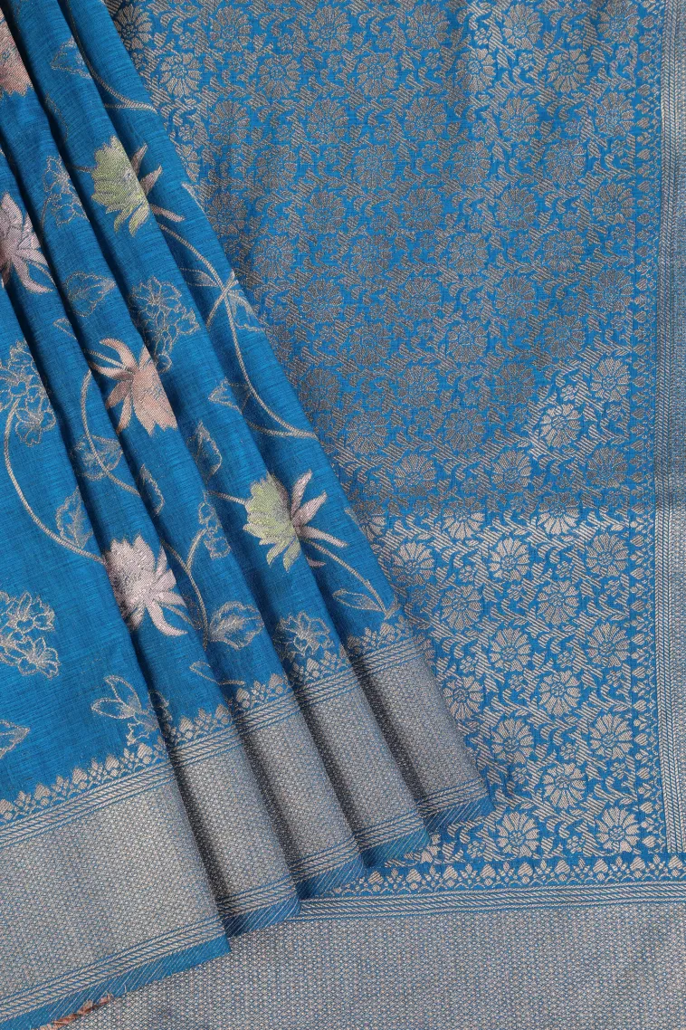 Cerulean Blue Semi Tussar Silk with Bronze Zari Floral Patterns