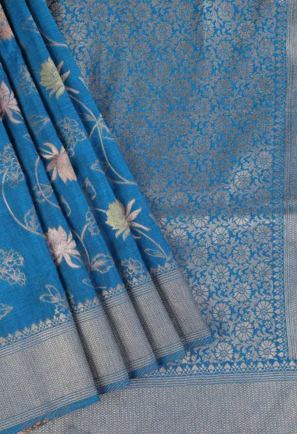 Cerulean Blue Semi Tussar Silk with Bronze Zari Floral Patterns