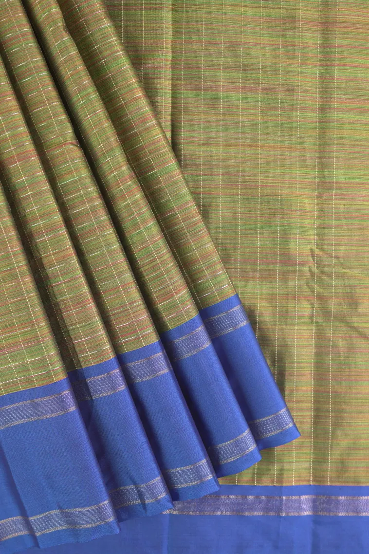 Olive Green Arani Silk Sarees with Gold Zari Small Checks Pattern view 1