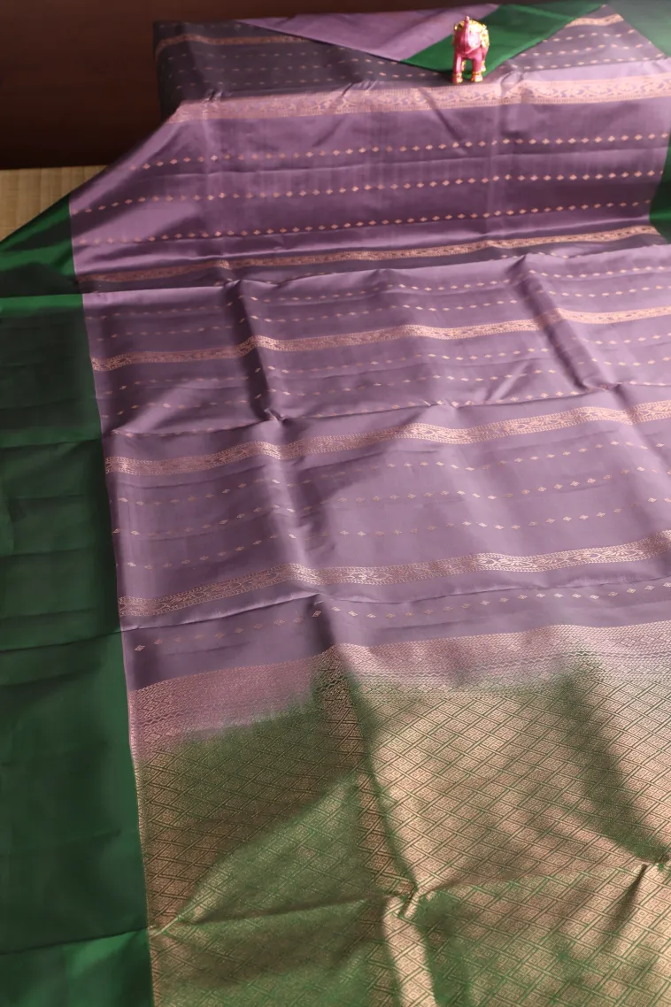 Heather Purple Soft Silk Saree with Copper Zari Stripes And Puttas view 2