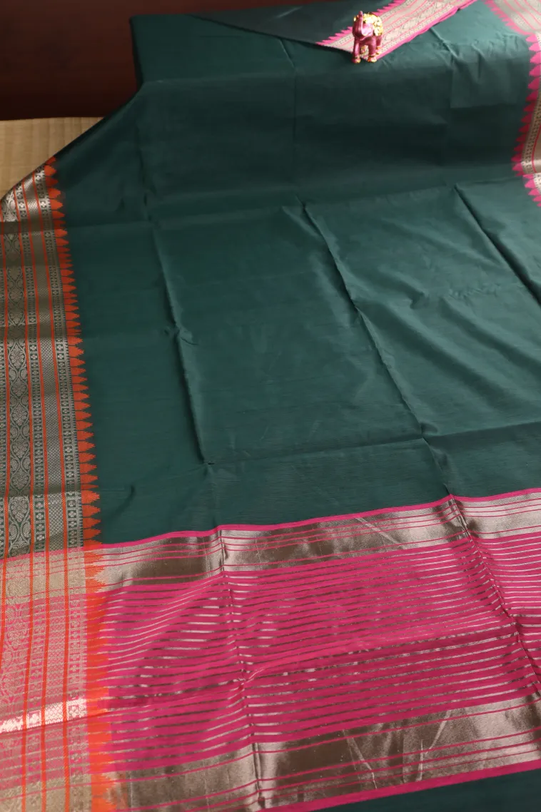 Bottle Green Semi Tussar Silk with Bronze Zari Plain view 2