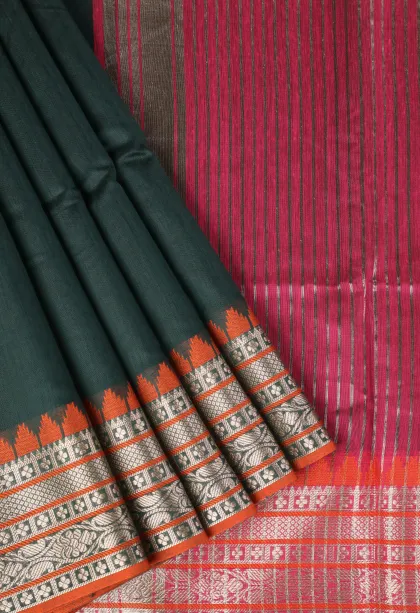 Bottle Green Semi Tussar Silk with Bronze Zari Plain