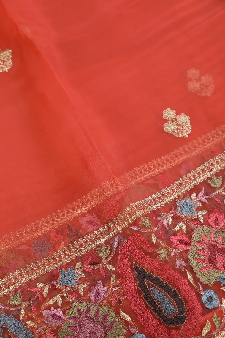 Rose Red Organza Saree with Thread Zari Flower Mottif view 3