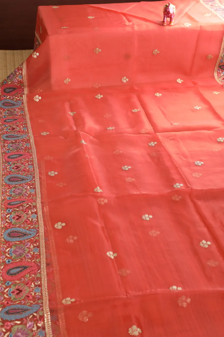 Rose Red Organza Saree with Thread Zari Flower Mottif view 2