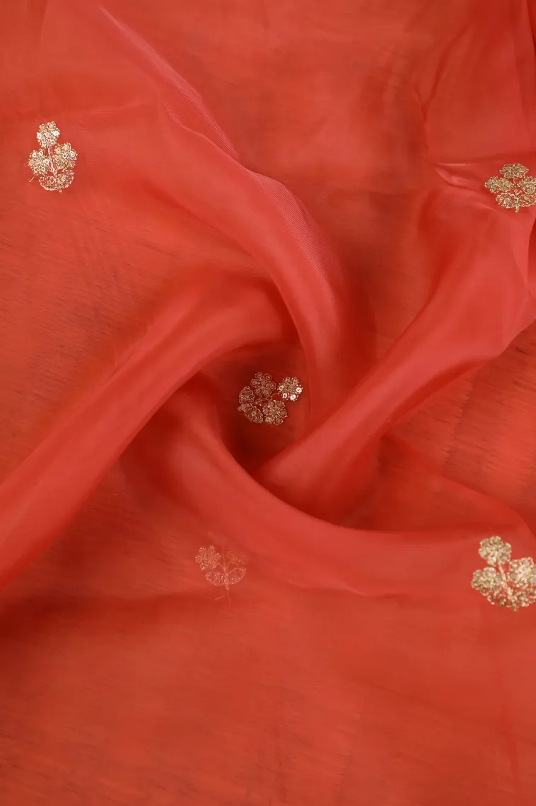 Rose Red Organza Saree with Thread Zari Flower Mottif view 4