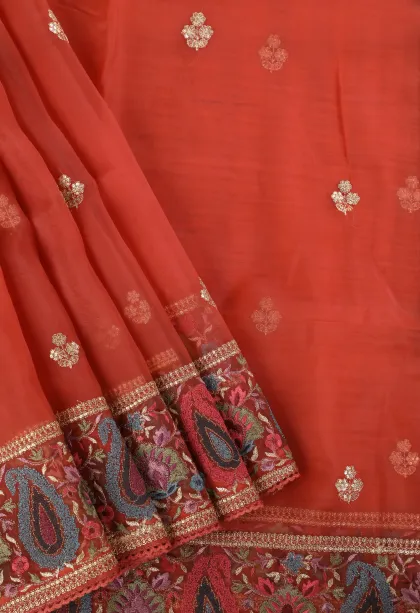 Rose Red Organza Saree with Thread Zari Flower Mottif