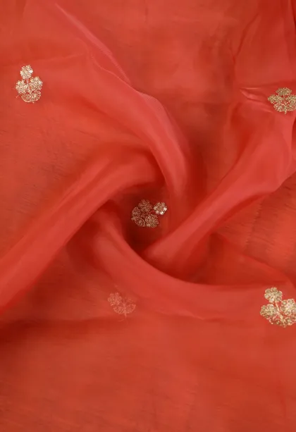 Rose Red Organza Saree with Thread Zari Flower Mottif