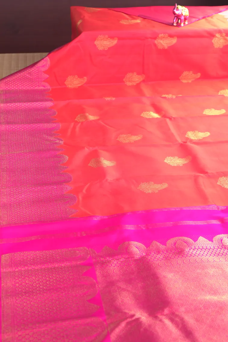 Fire Orange Kanchipuram Silk Sarees with Gold And Silver Zari Mango Puttas view 2