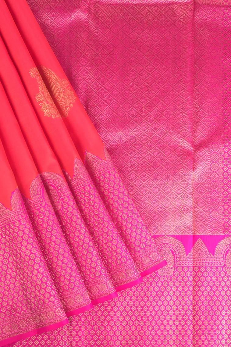 Fire Orange Kanchipuram Silk Sarees with Gold And Silver Zari Mango Puttas