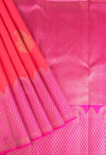 Fire Orange Kanchipuram Silk Sarees with Gold And Silver Zari Mango Puttas
