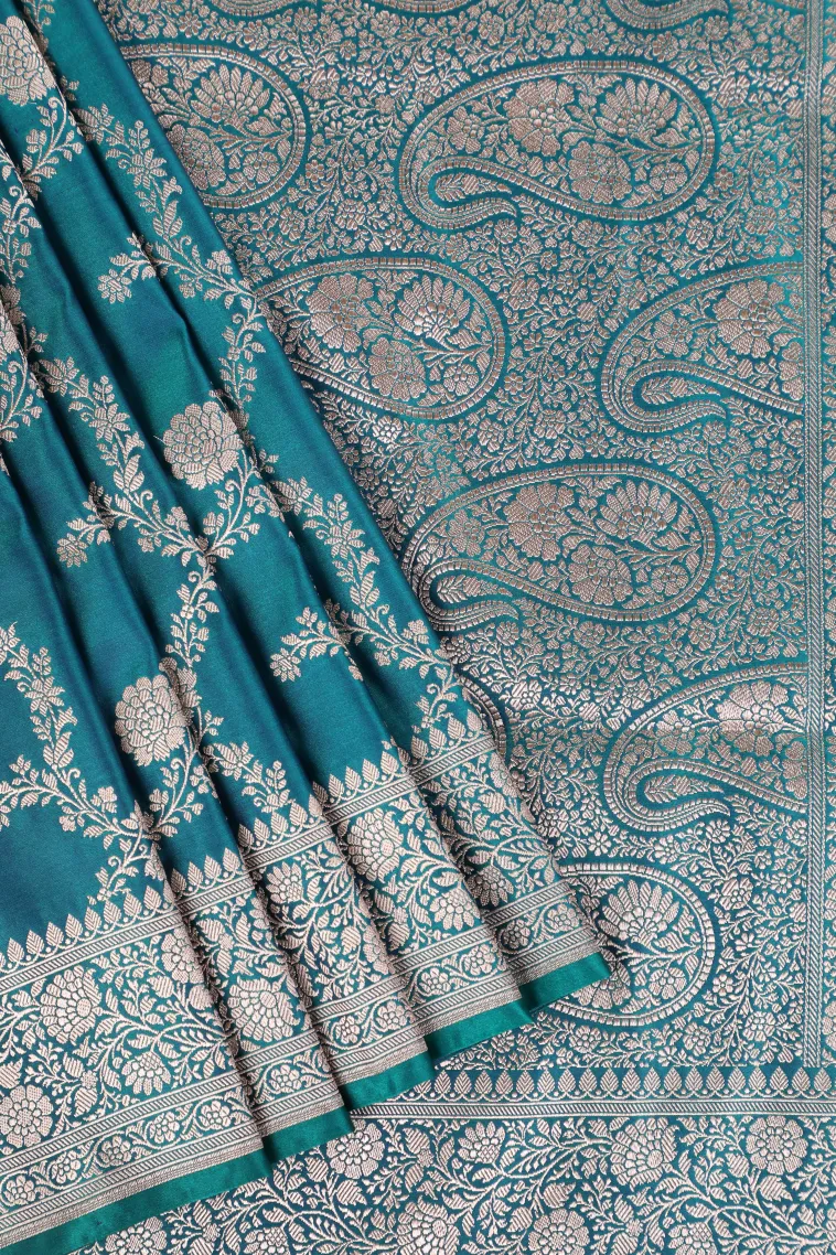 Peacock Blue Tissue Banaras with Gold Zari Floral Patterns view 1