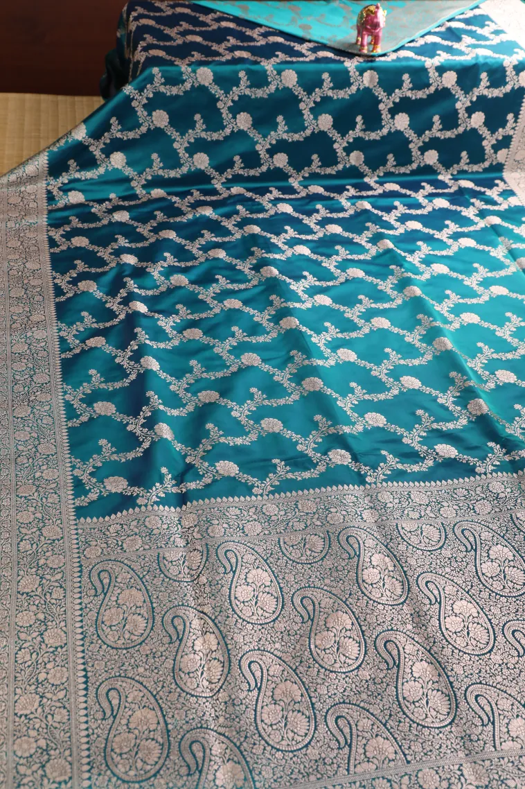 Peacock Blue Tissue Banaras with Gold Zari Floral Patterns view 2