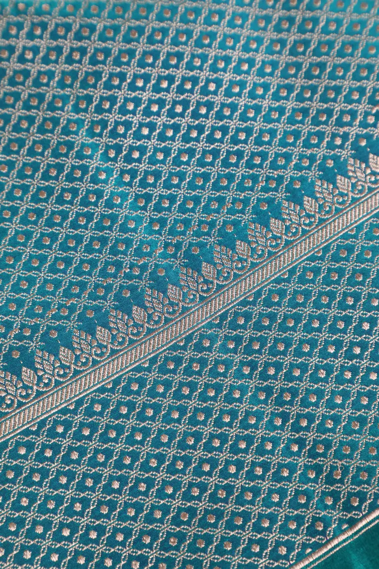 Peacock Blue Tissue Banaras with Gold Zari Floral Patterns view 3