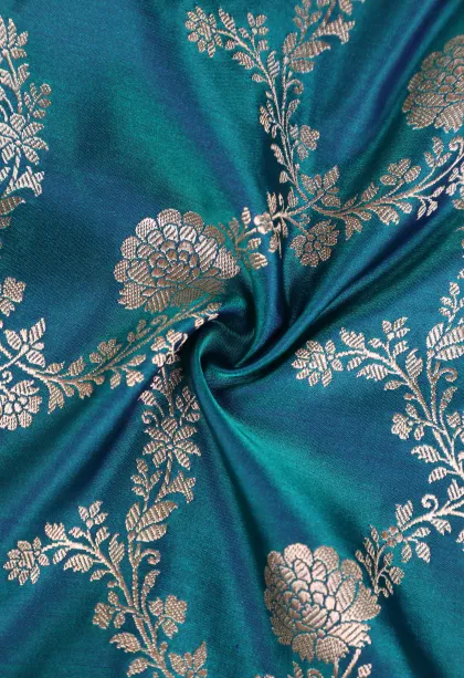 Peacock Blue Tissue Banaras with Gold Zari Floral Patterns