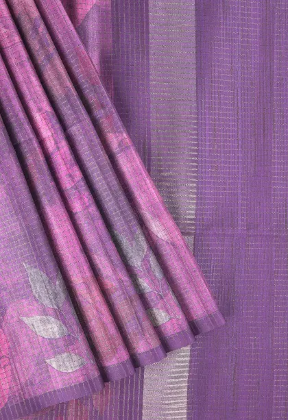 Heather Purple Tussar Saree with Antic Zari Small Checks Pattern