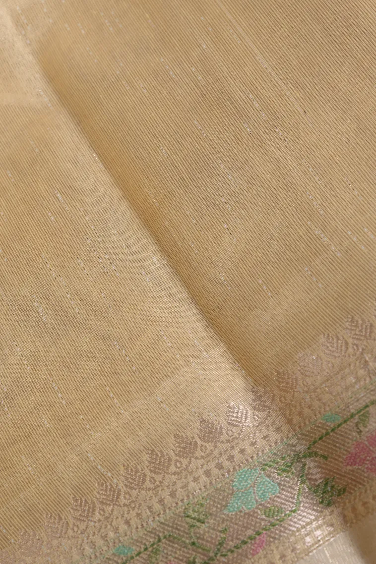 Shortbread Yellow Tissue Silk Sarees with Gold Zari Flower Mottif view 3