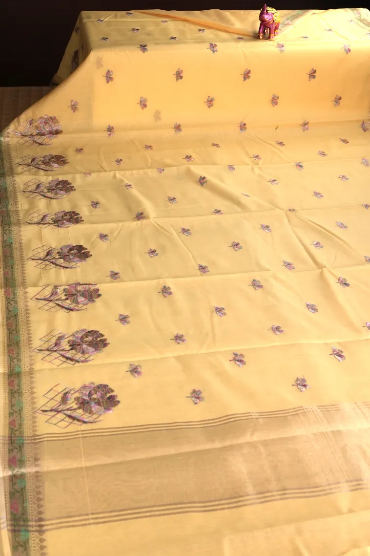 Shortbread Yellow Tissue Silk Sarees with Gold Zari Flower Mottif view 2
