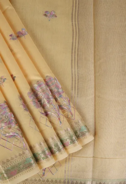 Shortbread Yellow Tissue Silk Sarees with Gold Zari Flower Mottif