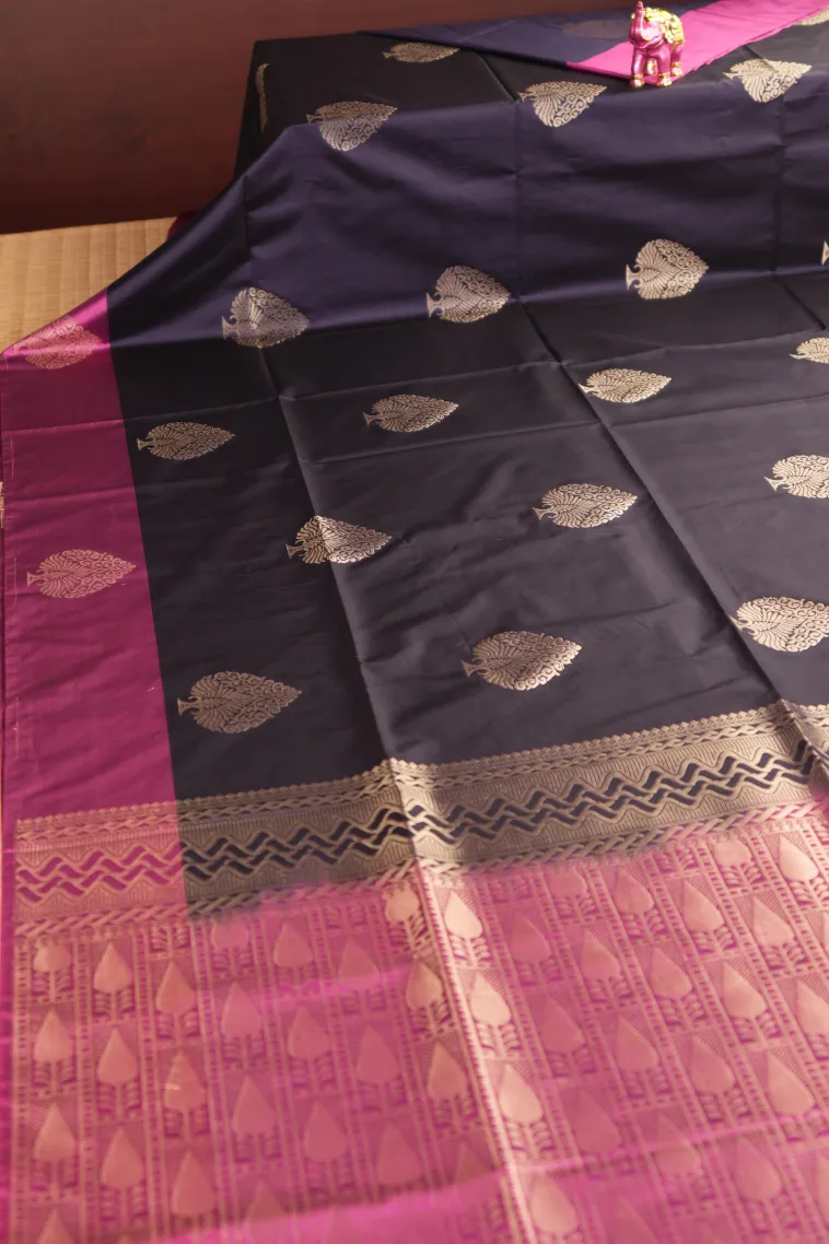 Indigo Blue Soft Silk Saree with Gold Zari Tree Mottif view 2