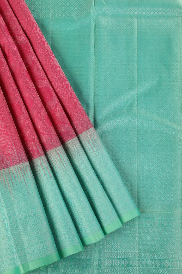 Punch Pink Soft Silk Saree with Silver Zari Stripes And Puttas