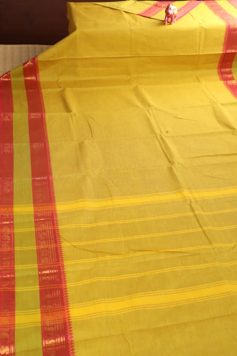 Lemon Yellow Chettinad Cotton Sarees with Gold Zari Plain view 2