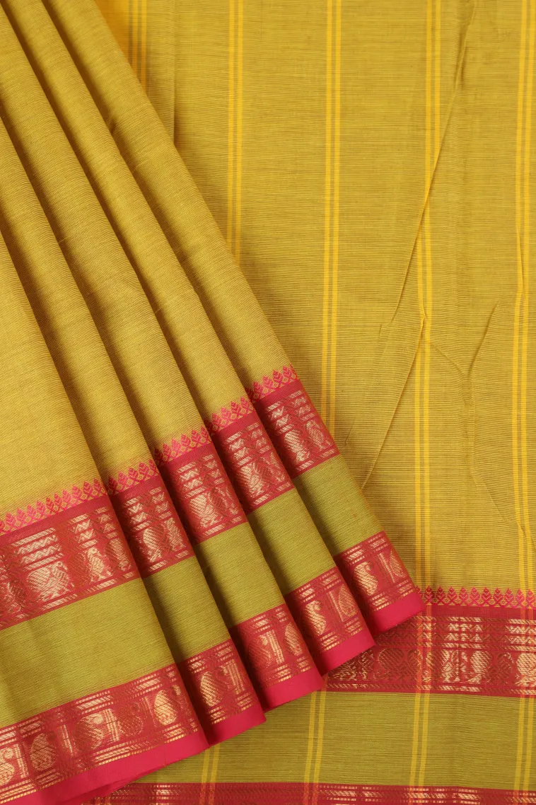 Lemon Yellow Chettinad Cotton Sarees with Gold Zari Plain view 1