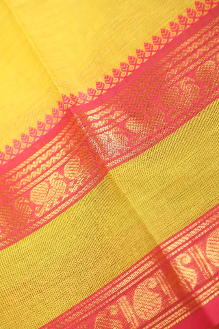 Lemon Yellow Chettinad Cotton Sarees with Gold Zari Plain view 3