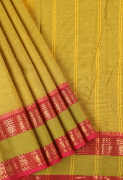 Lemon Yellow Chettinad Cotton Sarees with Gold Zari Plain