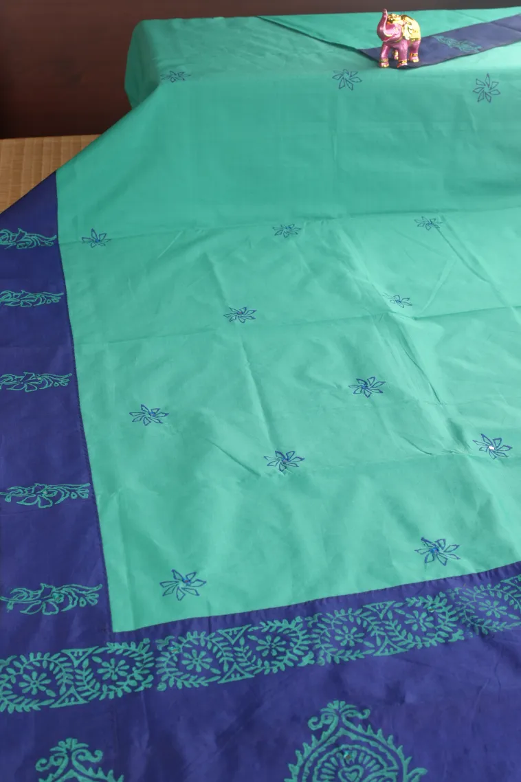 Teal Blue Poly Cotton Sarees Without Zari With Mirror Jamiki Puttas view 2
