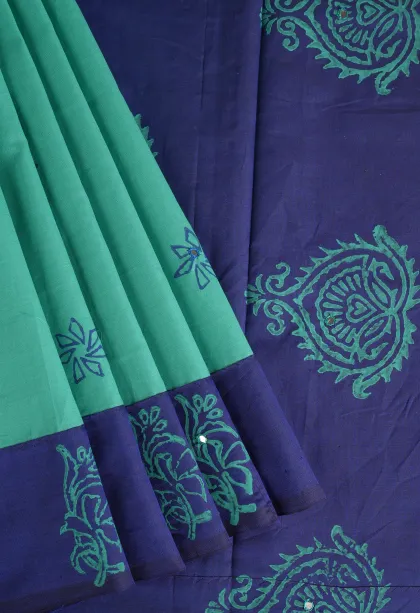 Teal Blue Poly Cotton Sarees Without Zari With Mirror Jamiki Puttas