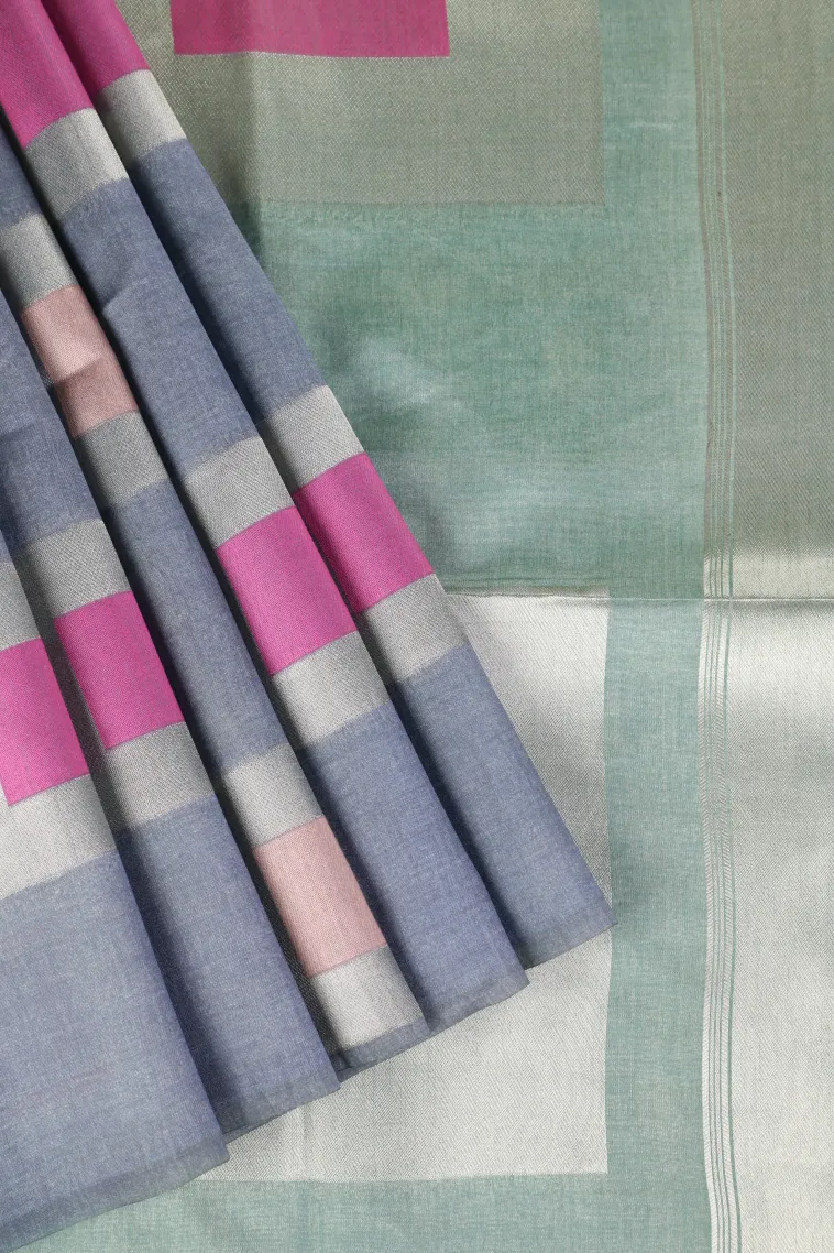 Stone Blue Jute Sarees with Bronze Zari Geometric Shapes view 1