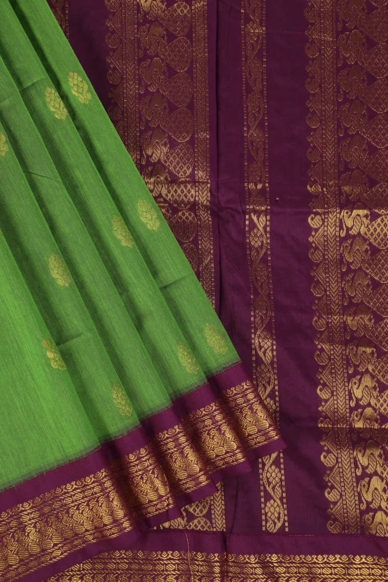 Forest Green Kalyani Cotton with Gold Zari Buttis (small Dots Or Motifs)