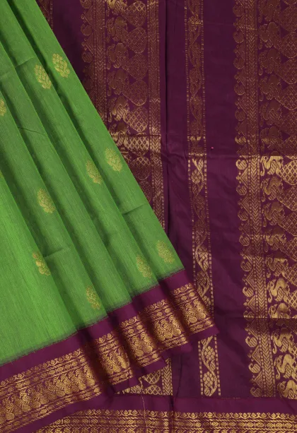Forest Green Kalyani Cotton with Gold Zari Buttis (small Dots Or Motifs)