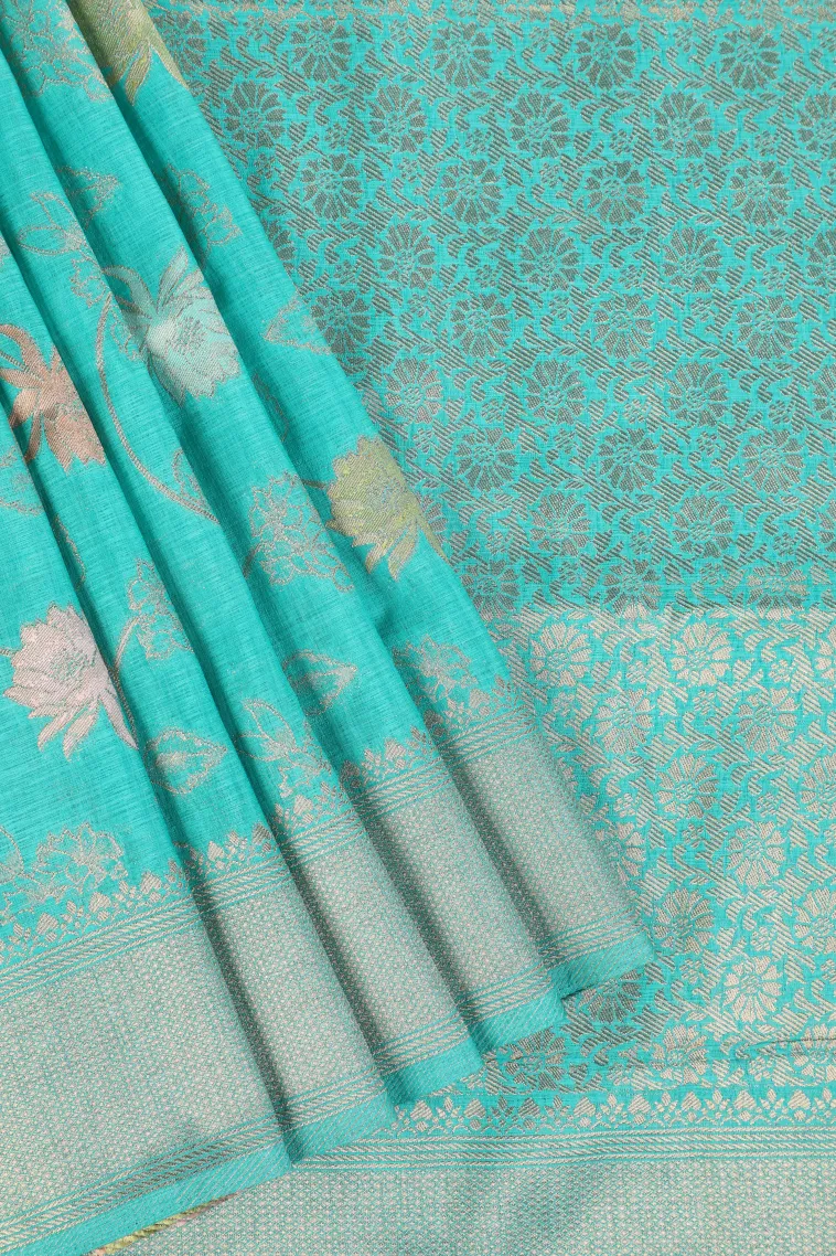 Teal Blue Semi Tussar Silk with Bronze Zari Floral Patterns