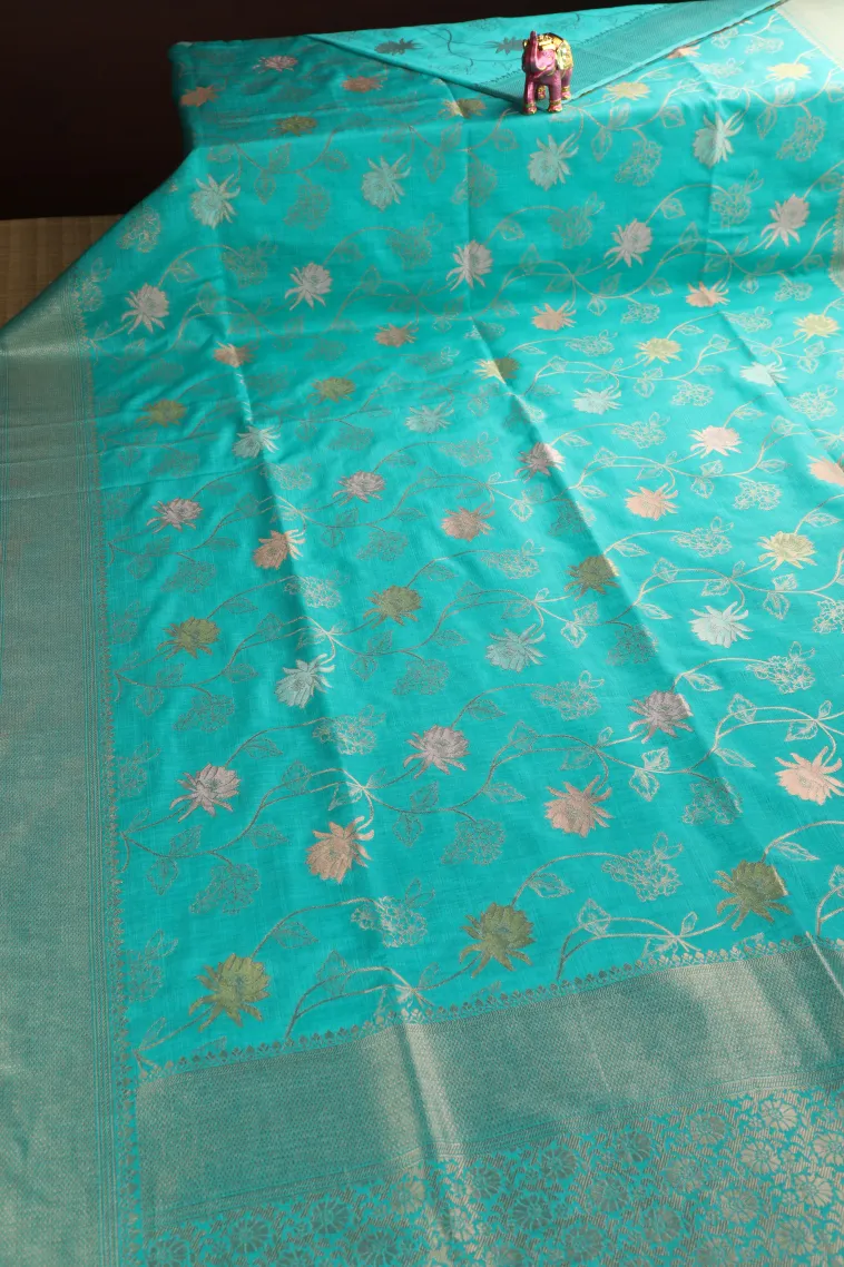 Teal Blue Semi Tussar Silk with Bronze Zari Floral Patterns view 2